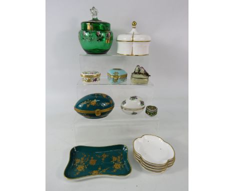Mixed lot to include trinkets by Halcyon Days &amp; Limoges plus a Art Nouveau green glass jar handpainted with enamel. Etc.