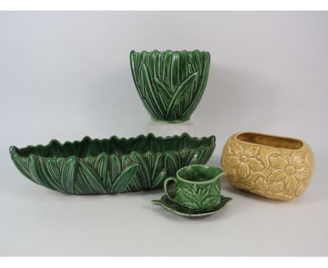 Three Sylvac vases and a cream jug with tray.