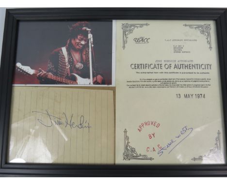 Jimi Hendrix Autograph obtained on the 17th november 1967 at Sheffield city hall framed with certificate from C.A.C Autograph