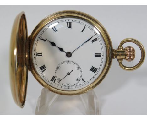 Half Hunter 15 Jewel Pocket watch with Roman Numerals on pristine enamel dial. Subidiary second dial. Crown wind with 'D' Rin
