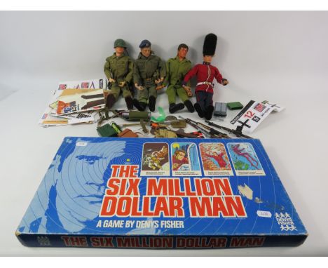 Four Action Man figurines 2x 1964 1x 1978 1x 2006, various accessories and The Six Million Dollar Man board game.