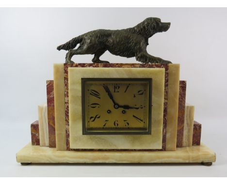 Large French art deco marble mantle clock with bronze alloy gun dog figure to the top, in running order with the key. 20.5" w