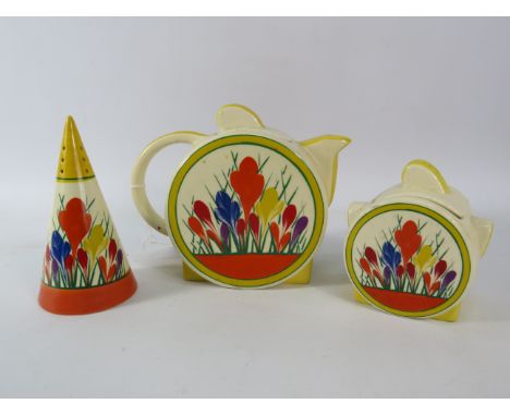 Moorland Chelsea Works china Crocus pattern Teapot, sugar bowl and sugar sifter by Dean Sherwin in The Clarice Cliff style.