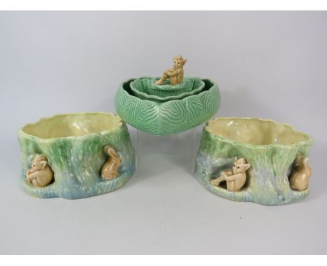 Two Sylvac Pixie &amp; Rabbit tree stump planters plus a pixie heart posy.