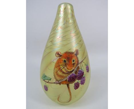 Okra Gold iridescent vase with a  hand decorated enamel painting of a harvest mouse, signed Terri L Colledge 2015. 6 3/4" tal