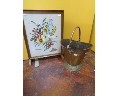 Oak Framed Firescreen with vintage brass helmet shaped coal scuttle. See photos (no postage on this item, )