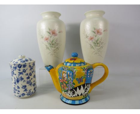 Mixed ceramic lot to include a pair of Poole pottery vases, a Catzilla teapot and a lidded Laura Ashley pot. The vases measur