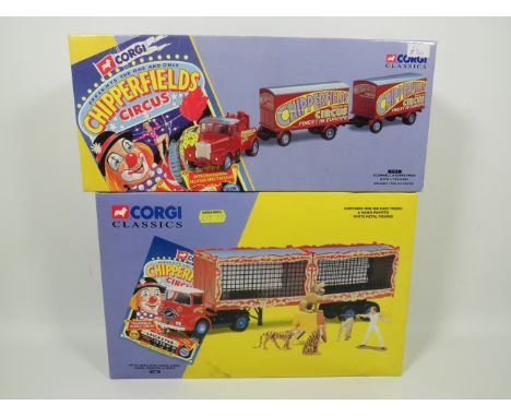 Two Corgi Classics Chipperfield's Circus Die Cast 1:50 Scale models of Scammell Highwayman with two trailers, ERF KV Artic wi