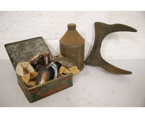 Mixed lot to include, small metal tin, selection of vintage cup handles and escutcheons. See photos.  This item is not suitab