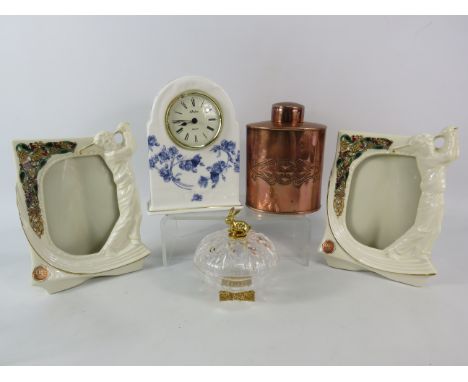 Mixed lot to include a Joseph Sankey art nouveau copper tea caddy, Two Irish Tara porcelain golf picture frames, lidded glass