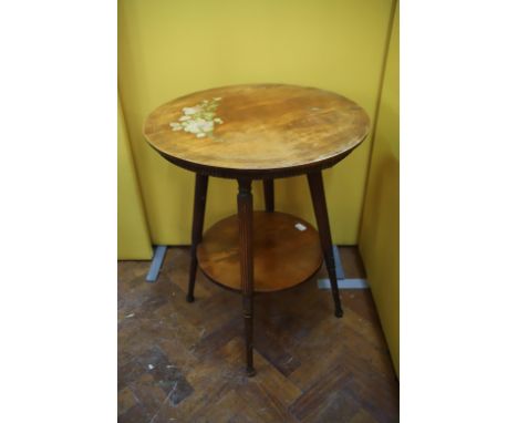 Arts &amp; Crafts Style Victorian Sofa/Gypsy type table with circular shelf under and painted flower decoration to circular t