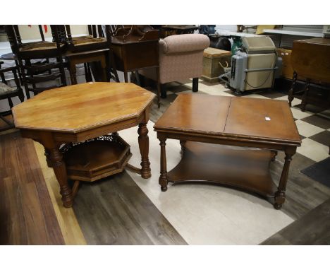 Octagonal low table with matching galleried shelf under, may need some repair to gallery plus one other extending low table. 