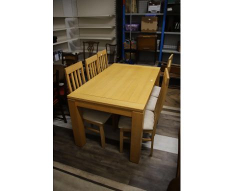 Sturdily Built Dining table with Six matching chairs in a light oak finish.  Good condition, comes with two extening leaves. 