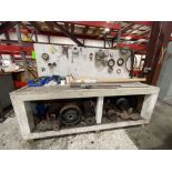 Wood Shop Table with back upright, lower shelf with contents; 97" x 34" x 37" (OAH 70")