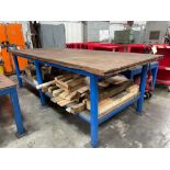Metal Frame Table: has (6) sturdy legs, wood-top; metal lower shelf, 6" vise.