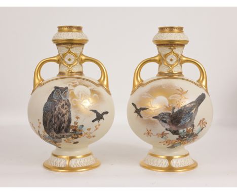 (2) Royal Worcester Gilded Porcelain Vases w/ Bird Motifs. Both marked on base.Heights: 11.25 in.