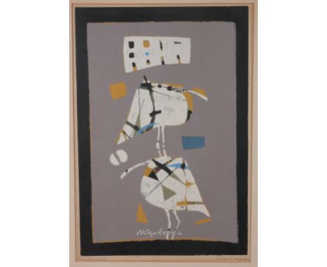 Rokushu Mizufune (Japanese, 1912 - 1980)"Stone Harp"Ink and colors on paper, an abstract composition. Pencil signed and numbe
