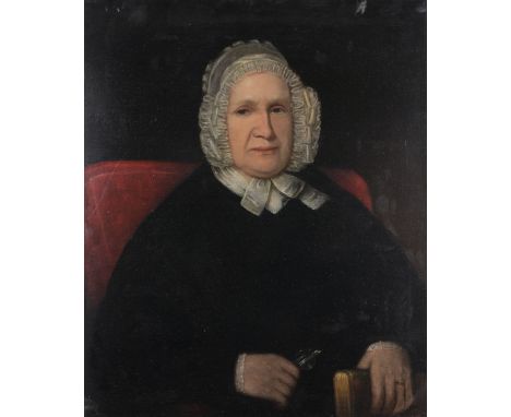 19th C. American School Portrait of a Woman.  Appears to be unsigned.  Oil on re-lined canvas.Size: 30.25 x 25.5 in.
