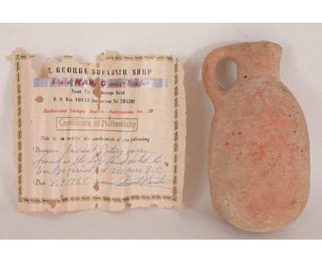 Iron Age Period, Ancient Pottery Vase.  Comes with 1985 certificate of authenticity stating the vase to be dated to1200 BC.  