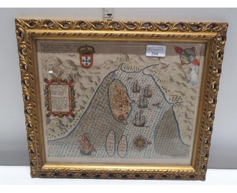 A framed antique Dutch coloured etching of nautical interest 