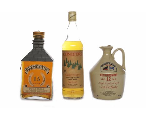 GLENGOYNE 15 YEARS OLD KILN DECANTERActive. Dumgoyne, Glasgow. 1L, 43% volume. AUCHETOSHAN 10 YEARS OLD - CONIFERSActive. Dal