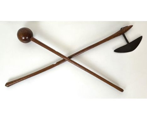 A Knobkerry, 66 cm, an axe, 79 cm, and an African drum, 49 cm diameter (3) 