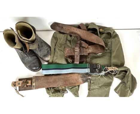 A machete, with a leather scabbard, 1945, a Sam Browne, a pair of leather hobnail boots, and other items (box) 