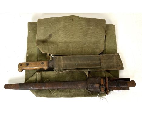 A machete, with a canvas sheath, a bayonet, with a leather scabbard and hangar, and a canvas bag, D & M Ltd., 44 and privatel