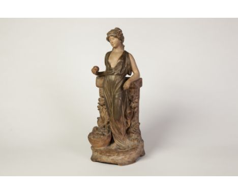 EARLY TWENTIETH CENTURY AUSTRIAN  PAINTED BISQUE FIGURE, modelled as a maiden standing in front of a raised oblong trough, ho