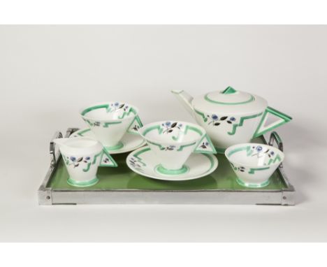 SEVEN PIECE SHELLEY ART DECO GREEN 'J' PATTERN 'VOGUE' CHINA TEA FOR TWO SET, comprising; TEAPOT, MILK JUG, SUGAR BOWL and PA