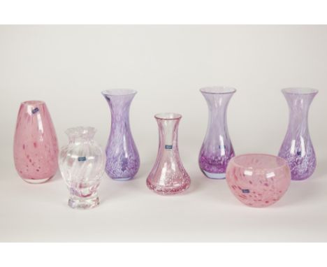 SIX BOXED CAITHNESS GLASS SMALL VASES, COMPRISING; 'Flamenco Rose', 'Whispers Small Teardrop', 'Allegro' (x3), and 'Rondo Ros