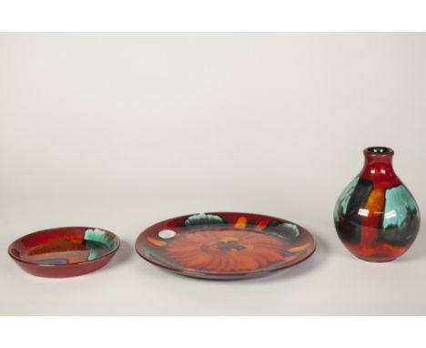 THREE PIECES OF MODERN POOLE POTTERY, COMPRISING; Volcano pattern PLATE, 8 1/4" (21cm) diameter and Gemstone pattern BALUSTER