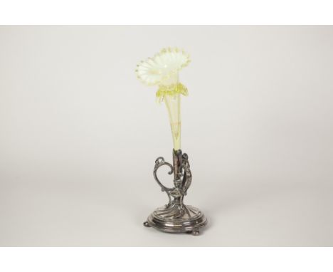 A VASELINE GLASS FLOWER FORM RECEIVER from an epergne now on an associated base