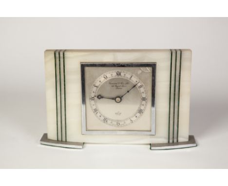 ELLIOTT ART DECO MANTEL CLOCK, in alabaster and chrome case, retailed by Garrard and Co., Ltd, London, of bow fronted oblong 