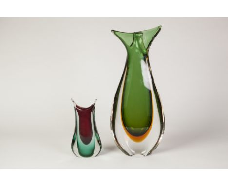 SEGUSO, MURANO SOMMERSO GLASS LARGE FORKED VASE, in green and amber, 15 3/4" (40cm) high, TOGETHER WITH A SIMILAR, SMALLER CE