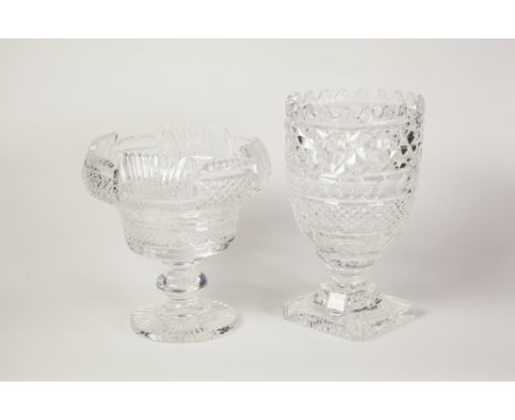 TWO LARGE PIECES OF WATERFORD CUT GLASS, COMPRISING; A PEDESTAL BOWL, with shaped rim, 9" (22.9cm) high, 9" (22.8cm) diameter