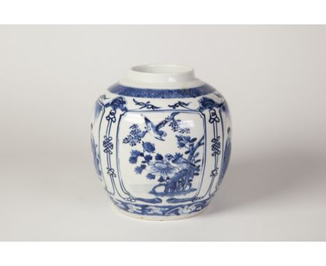 A NINETEENTH CENTURY CHINESE PORCELAIN BLUE AND WHITE GINGER JAR (minus cover), painted with opposing figural and floral pane