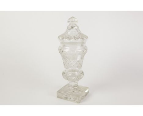 19th CENTURY HEAVY QUALITY CUT GLASS PEDESTAL VASE AND COVER of thistle form, the cover with slice cut finial, the body with 