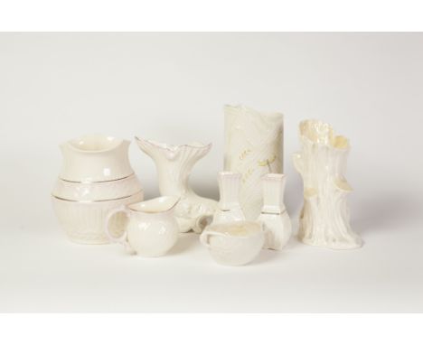 EIGHT PIECES OF 1950's AND LATER BELLEEK PORCELAIN, COMPRISING; CORNUCOPIA VASE, 5" (12.7cm) high,  VASE with pink tinted dec