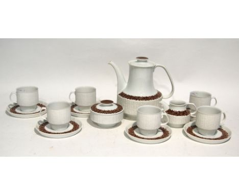 15 piece 1950's THOMAS, GERMAN PORCELAIN COFFEE  SERVICE FOR SIX PERSONS, with brown printed stylized floral border and part 