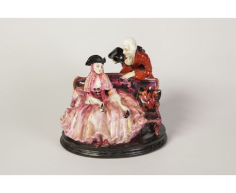 ROYAL DOULTON CHINA GROUP, painted in colours and modelled as a lady and gallant wearing tricorn hats, she seated on a sofa a