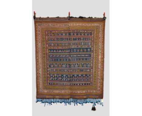Qashqa’i horse cover, warp-faced plainweave ground with weft wrapping, Fars, south west Persia, early 20th century, 5ft. 10in
