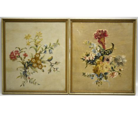 Pair of silk embroideries of ribbon tied flowers, the first on a cream satin ground worked in long and satin stitch with one 