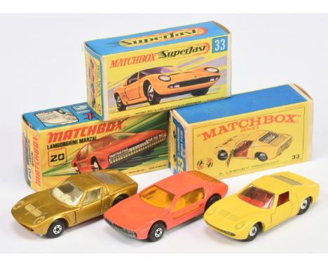 Matchbox group of Lamborghini's to include Superfast No. 33a Lamborghini Miura P400 - metallic gold body, clear windows, red 