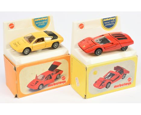 Mebetoys (Mattel) pair of Cars comprising of (1) No. A47 Lamborghini Urraco - yellow, tan interior and (2) No. A100 Ferrari 5