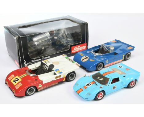 Shocking Line, Majorette &amp; Schuco. Group of lager scale race cars. Comprising Shocking Line Alfa Romeo 33.3 TT - Red / Wh