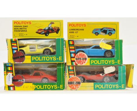 Politoys - E. Group of 4x Sports Cars. Comprising 557 Lamborghini 4000 GT - Blue with Red stripes, 577 Alfa Romeo Giulia 1600