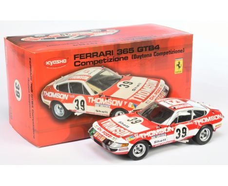 Kyosho 1/18 scale 08164F Ferrari 365 GTB4 (Daytona Competizione) - red/white, racing number 39 "Thomson" logos, requires some