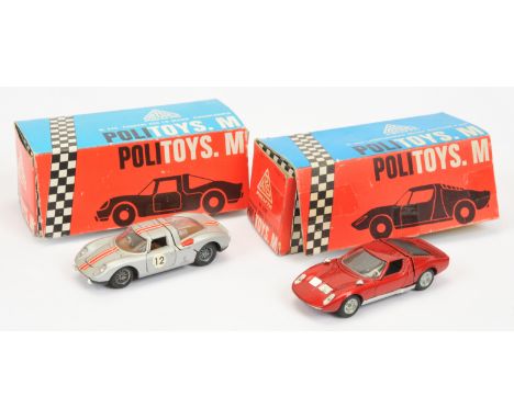 Politoys. M Pair of Ferrari &amp; Lamborghini Cars. Comprising 525 Ferrari 250 Pininfarina Le Mans - Silver, Red / White stri