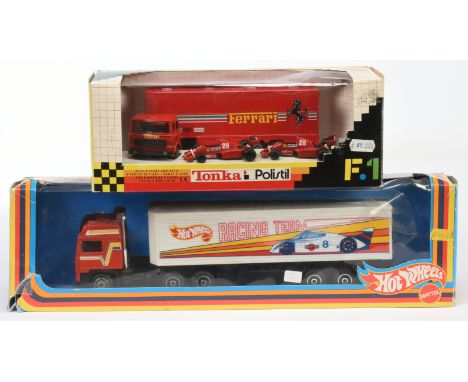 Hot Wheels &amp; Polistil - Pair of race car transporters. Comprising Hot Wheels Volvo articulated truck &amp; box van traile